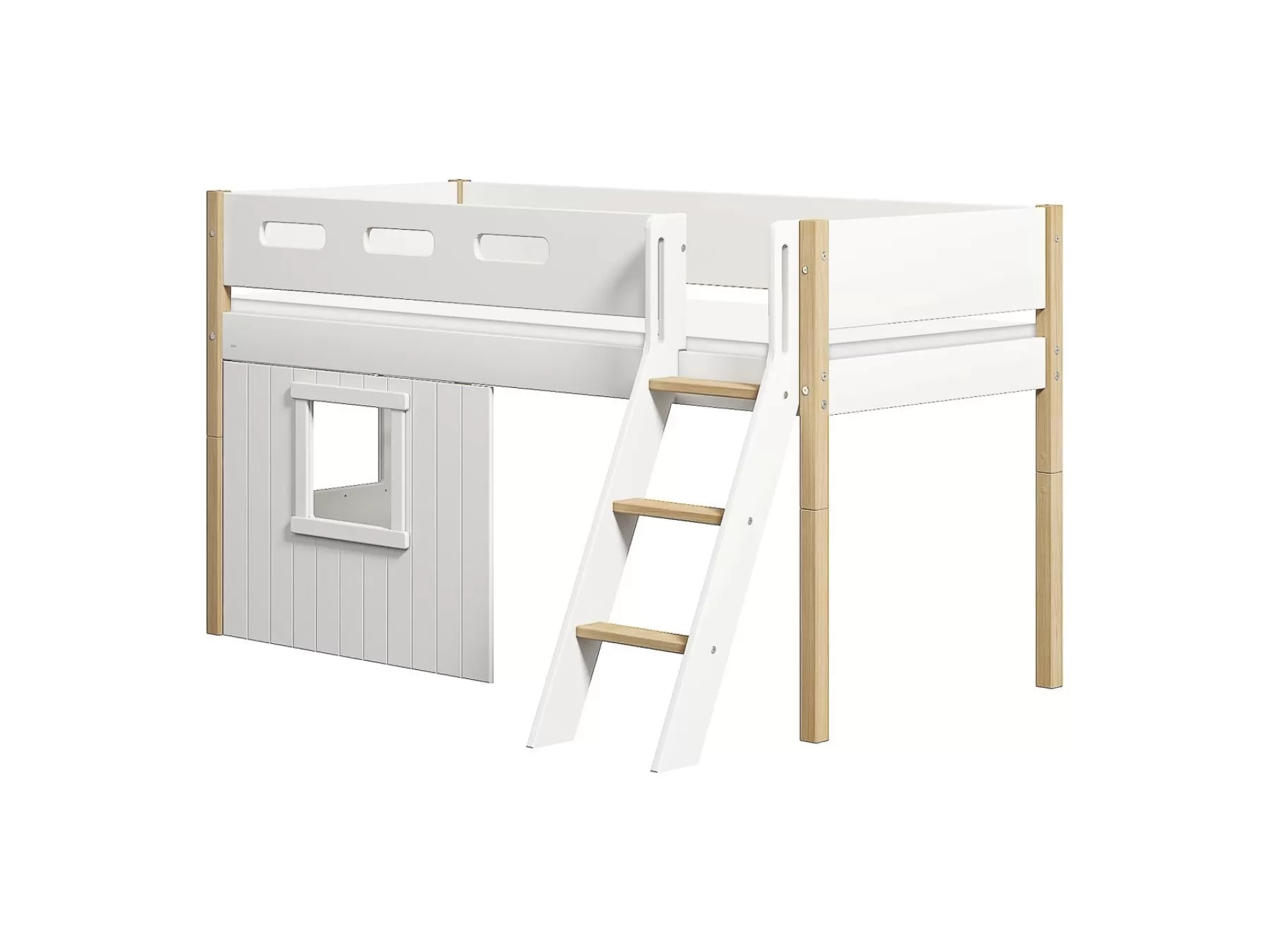 FLEXA Cama media-alta, escalera inclinada y frontales de cama para casa del árbol, marco blanco^ House Beds | Camas Media-altas
