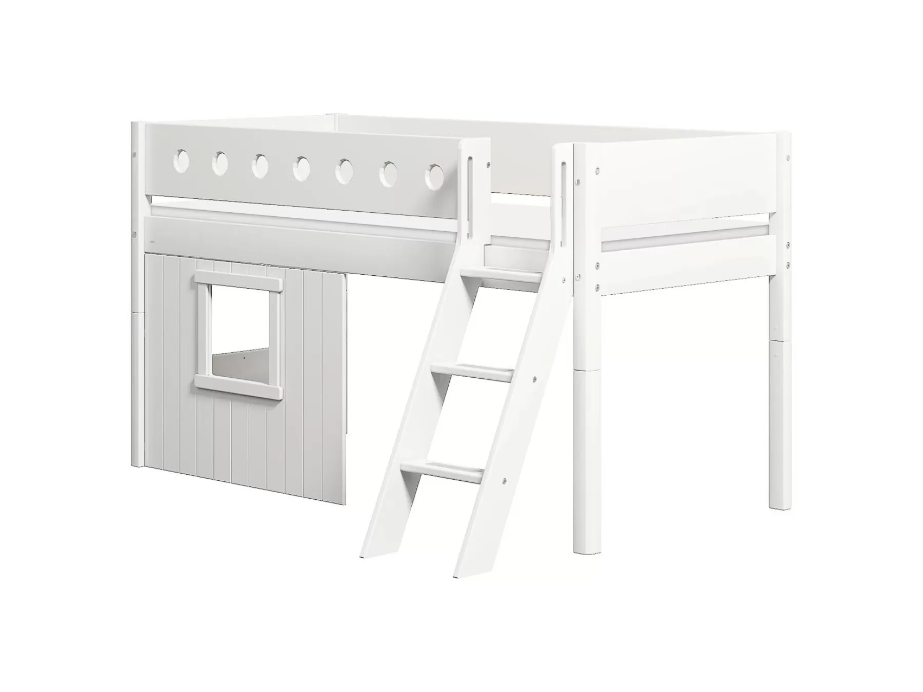 FLEXA Cama media-alta, escalera inclinada y frontales de cama para casa del árbol, marco blanco^ House Beds | Camas Media-altas
