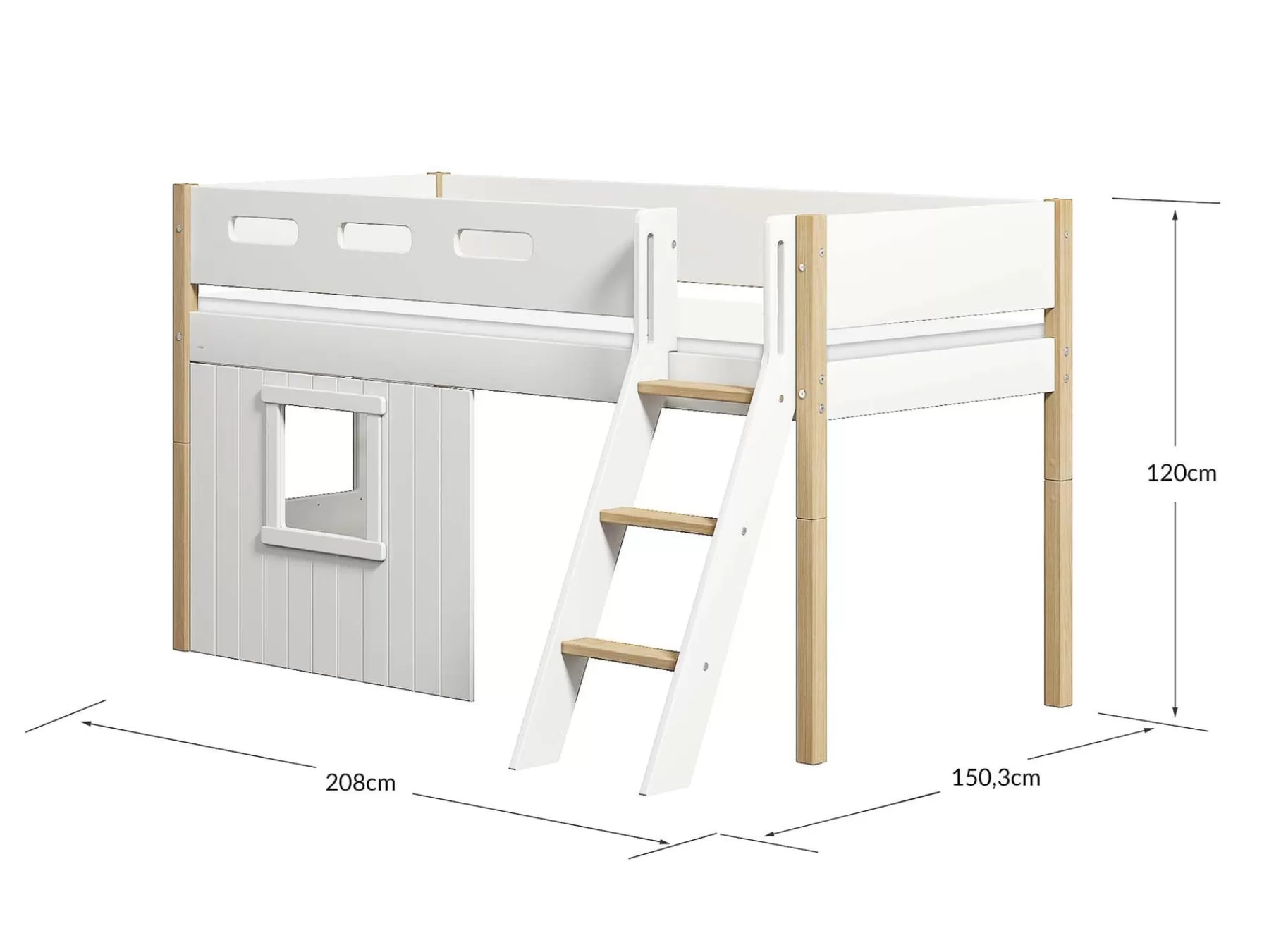 FLEXA Cama media-alta, escalera inclinada y frontales de cama para casa del árbol, marco blanco^ House Beds | Camas Media-altas
