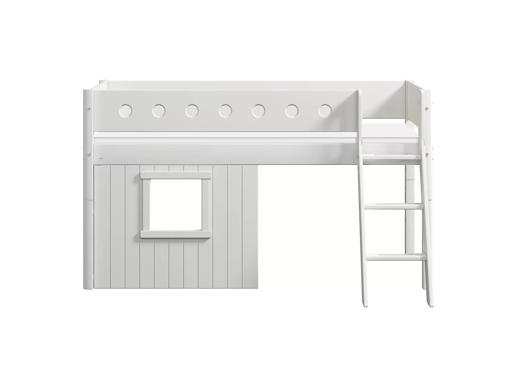 FLEXA Cama media-alta, escalera inclinada y frontales de cama para casa del árbol, marco blanco^ House Beds | Camas Media-altas