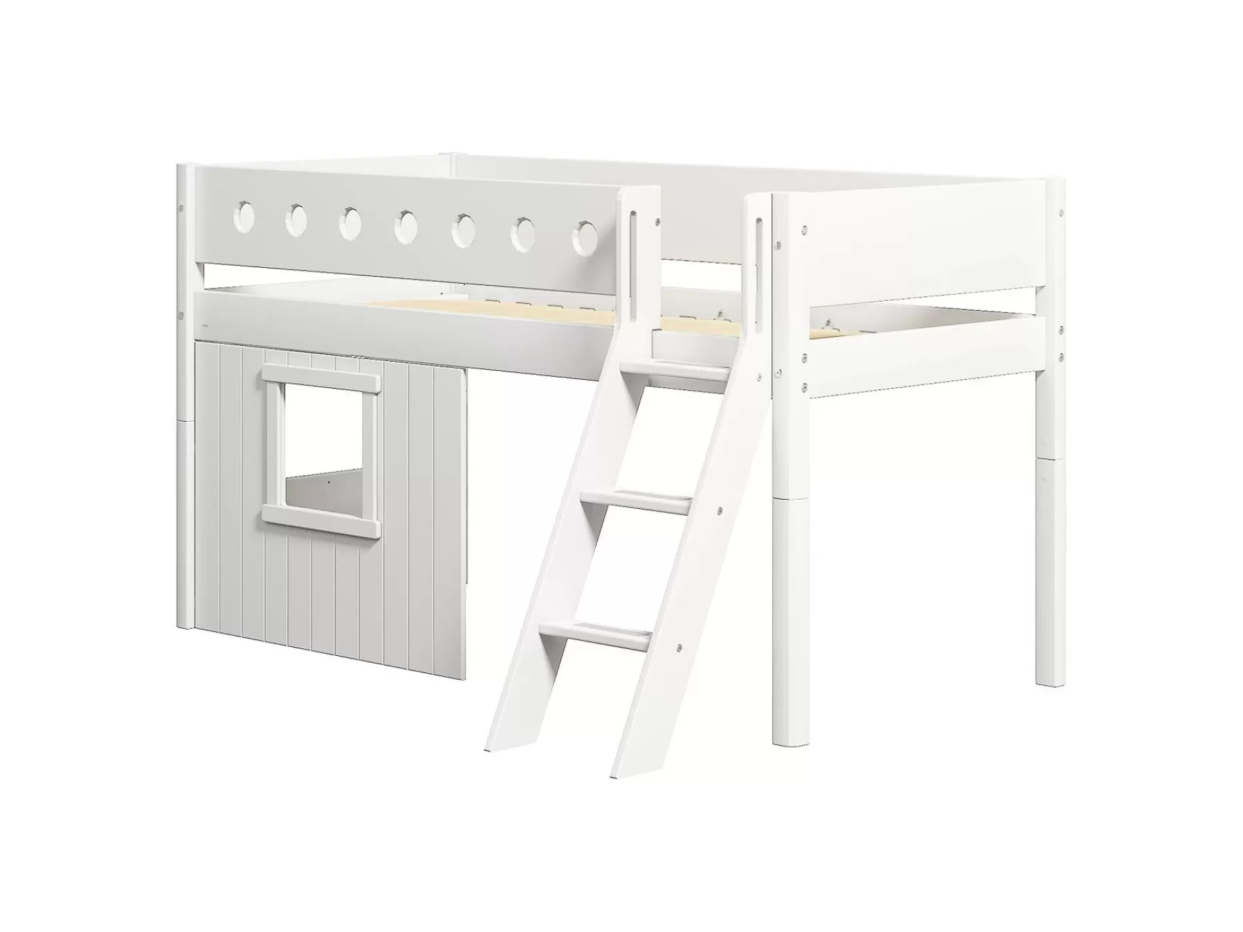 FLEXA Cama media-alta, escalera inclinada y frontales de cama para casa del árbol, marco blanco^ House Beds | Camas Media-altas