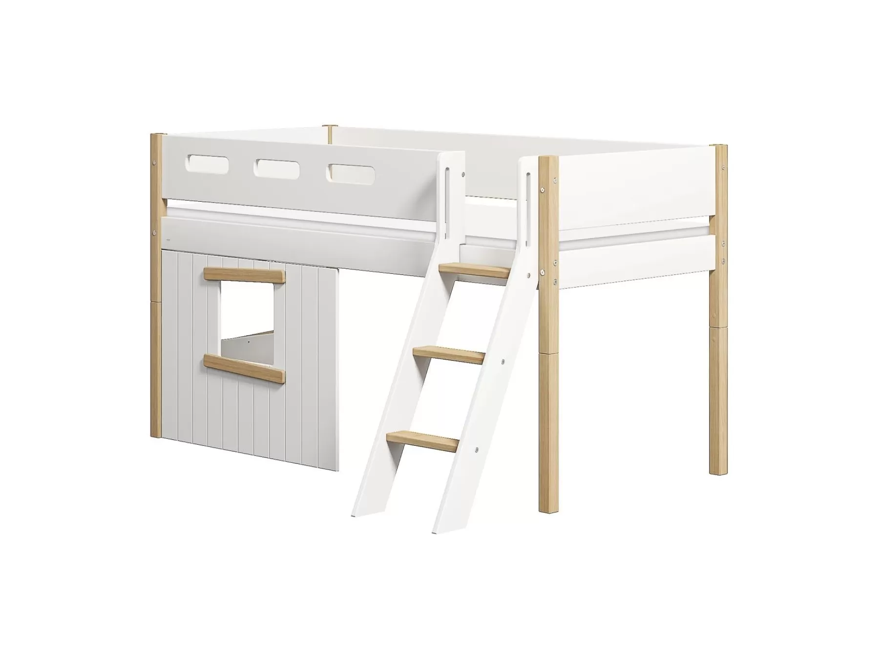 FLEXA Cama media-alta, escalera inclinada y frontales de cama para casa del árbol, marco de roble^ House Beds | Camas Media-altas