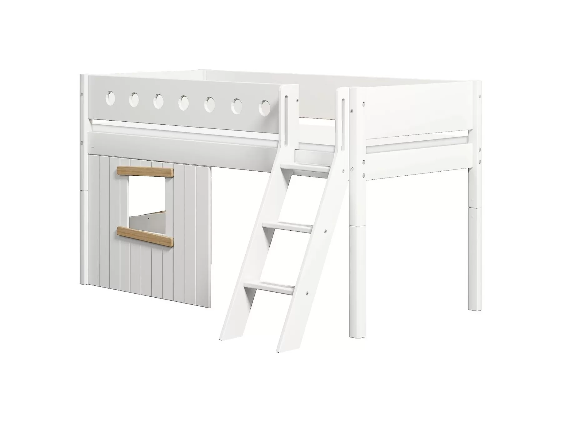 FLEXA Cama media-alta, escalera inclinada y frontales de cama para casa del árbol, marco de roble^ House Beds | Camas Media-altas