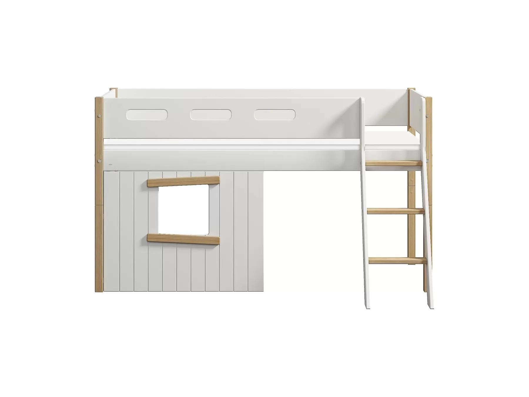 FLEXA Cama media-alta, escalera inclinada y frontales de cama para casa del árbol, marco de roble^ House Beds | Camas Media-altas