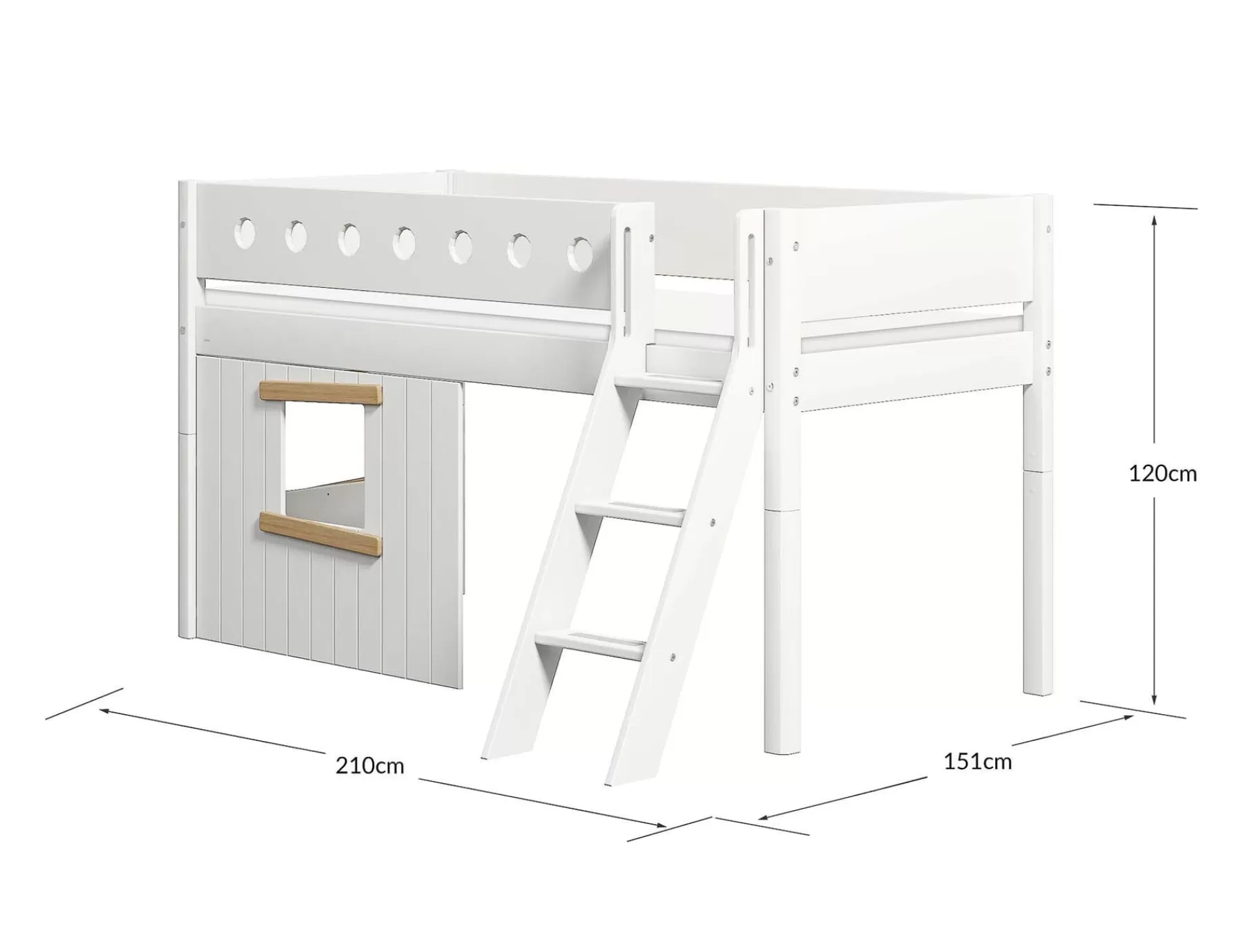 FLEXA Cama media-alta, escalera inclinada y frontales de cama para casa del árbol, marco de roble^ House Beds | Camas Media-altas