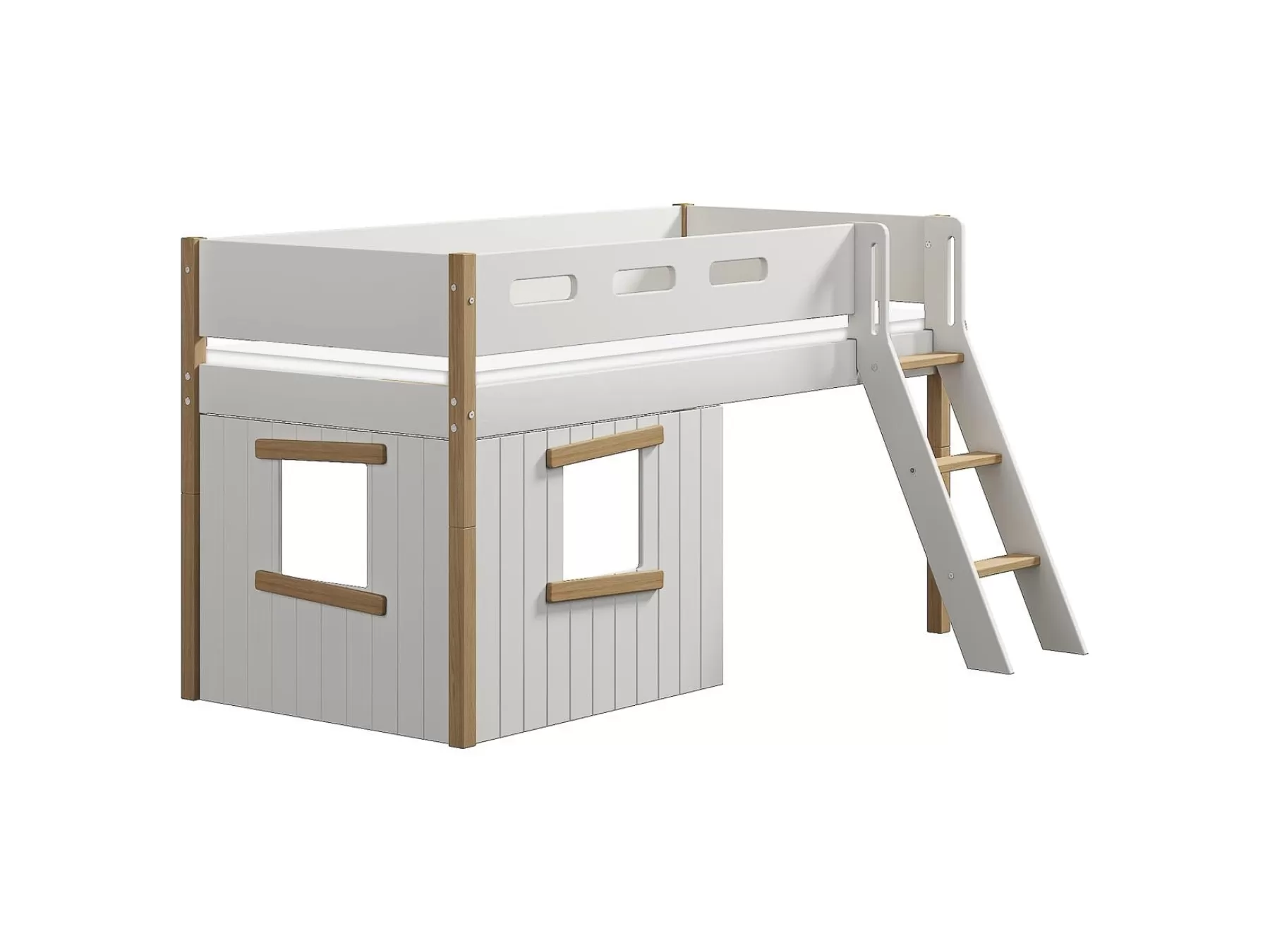 FLEXA Cama media-alta, escalera inclinada y frontales de cama para casa del árbol, marco de roble^ House Beds | Camas Media-altas
