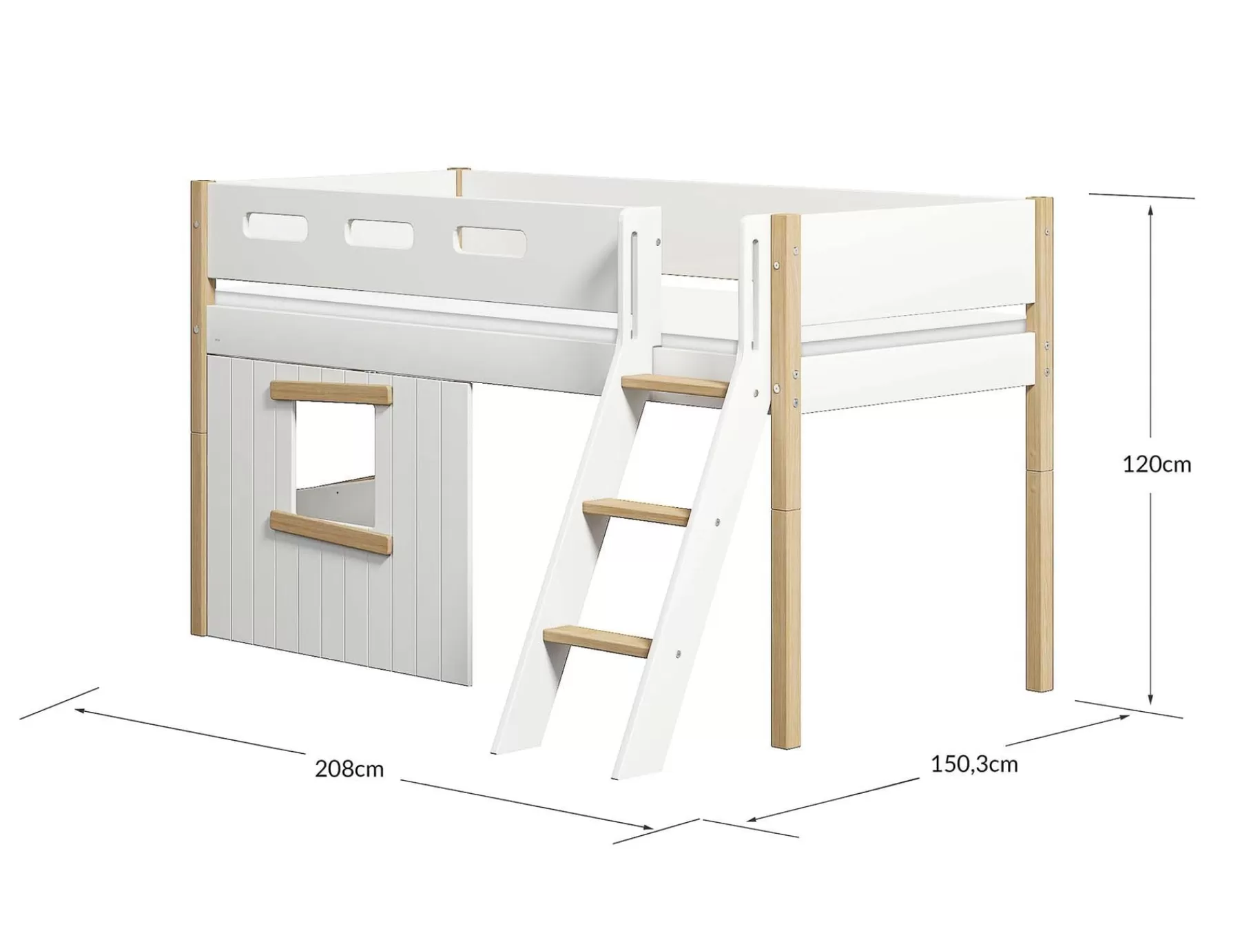 FLEXA Cama media-alta, escalera inclinada y frontales de cama para casa del árbol, marco de roble^ House Beds | Camas Media-altas