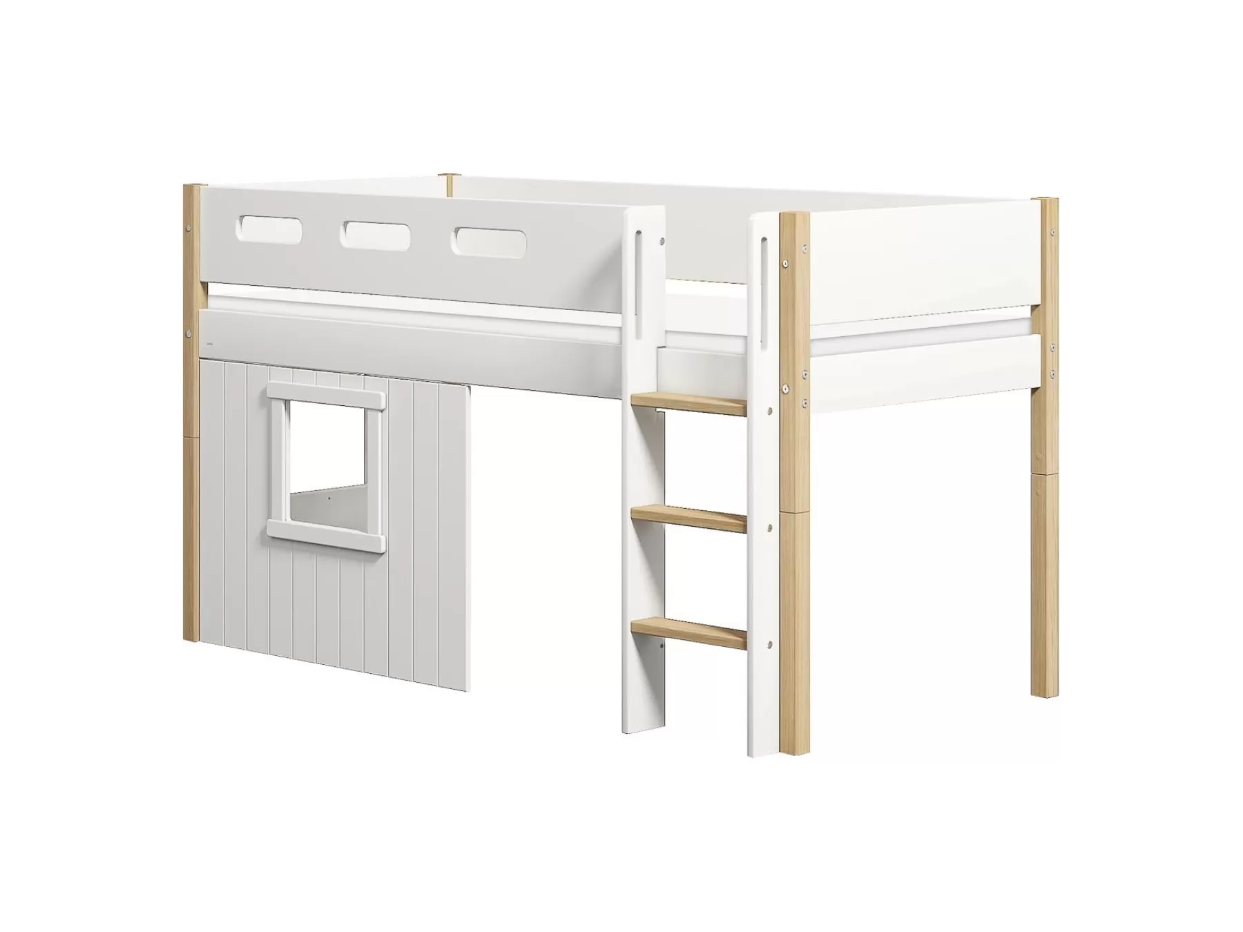 FLEXA Cama media-alta, escalera recta y frontales de cama para casa del árbol, marco blanco^ House Beds | Camas Media-altas