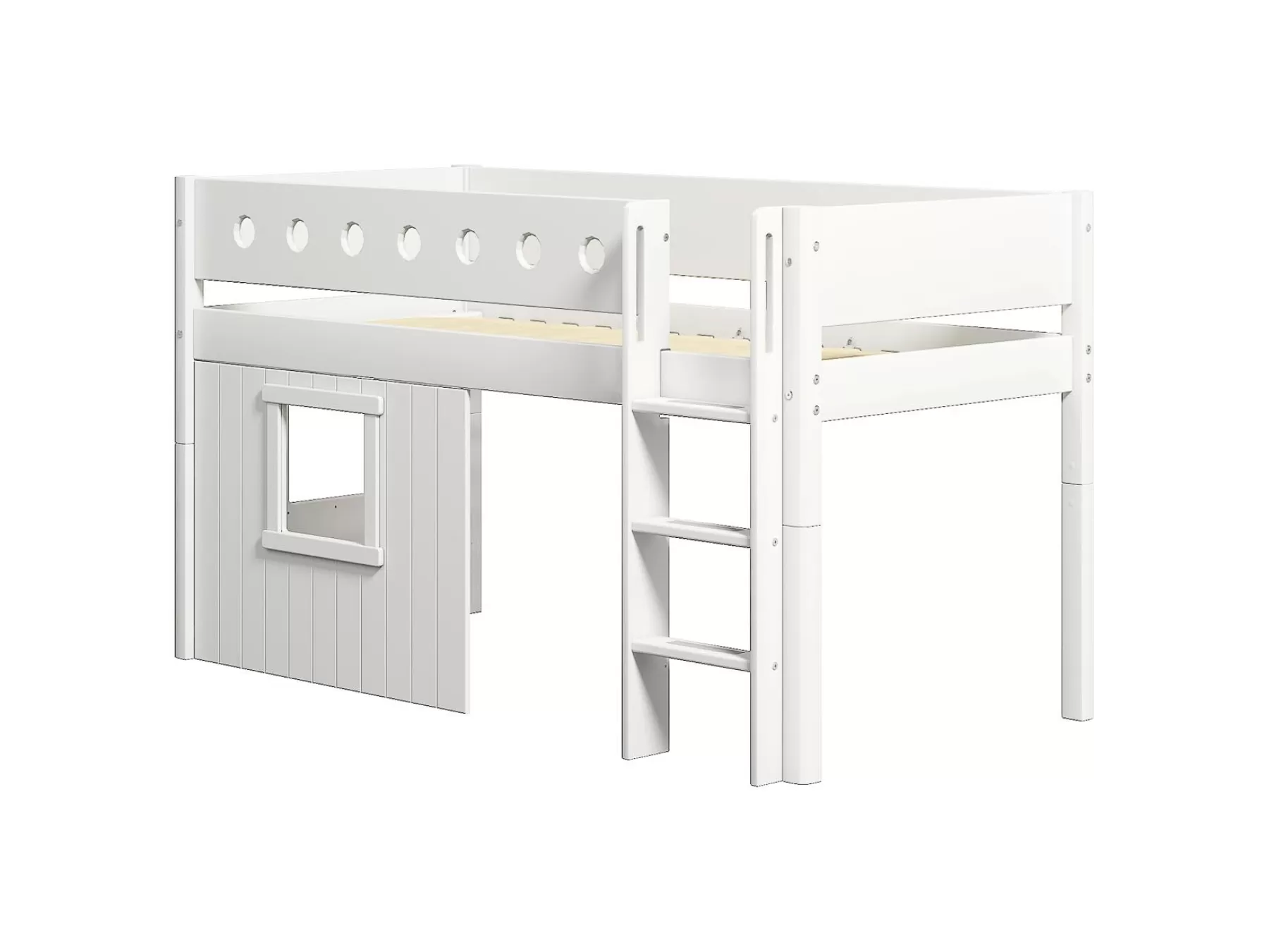 FLEXA Cama media-alta, escalera recta y frontales de cama para casa del árbol, marco blanco^ House Beds | Camas Media-altas