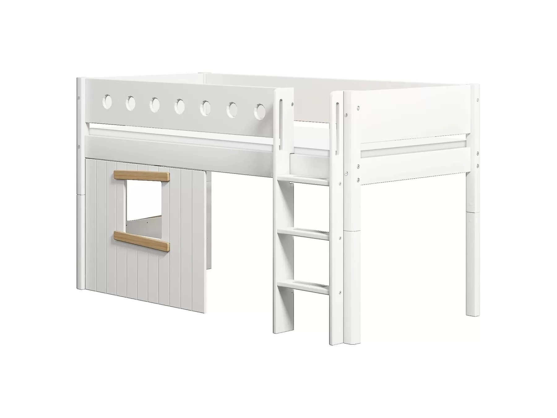 FLEXA Cama media-alta, escalera recta y frontales de cama para casa del árbol, marco de roble^ House Beds | Camas Media-altas