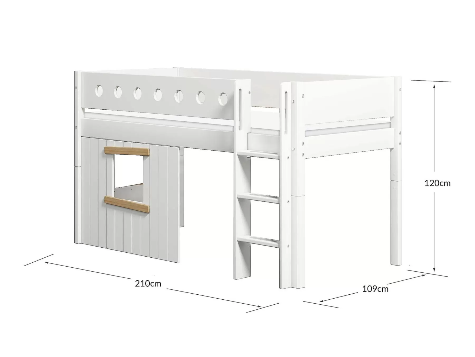 FLEXA Cama media-alta, escalera recta y frontales de cama para casa del árbol, marco de roble^ House Beds | Camas Media-altas