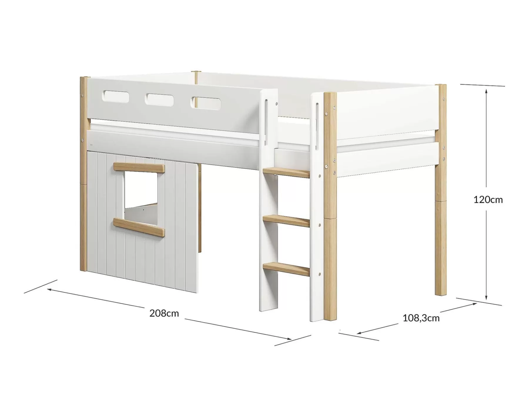 FLEXA Cama media-alta, escalera recta y frontales de cama para casa del árbol, marco de roble^ Camas Media-altas | House Beds